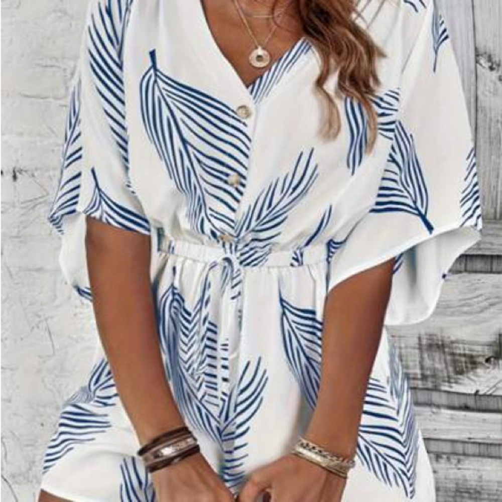 Blue and White Leaf Print Swim Cover-Up